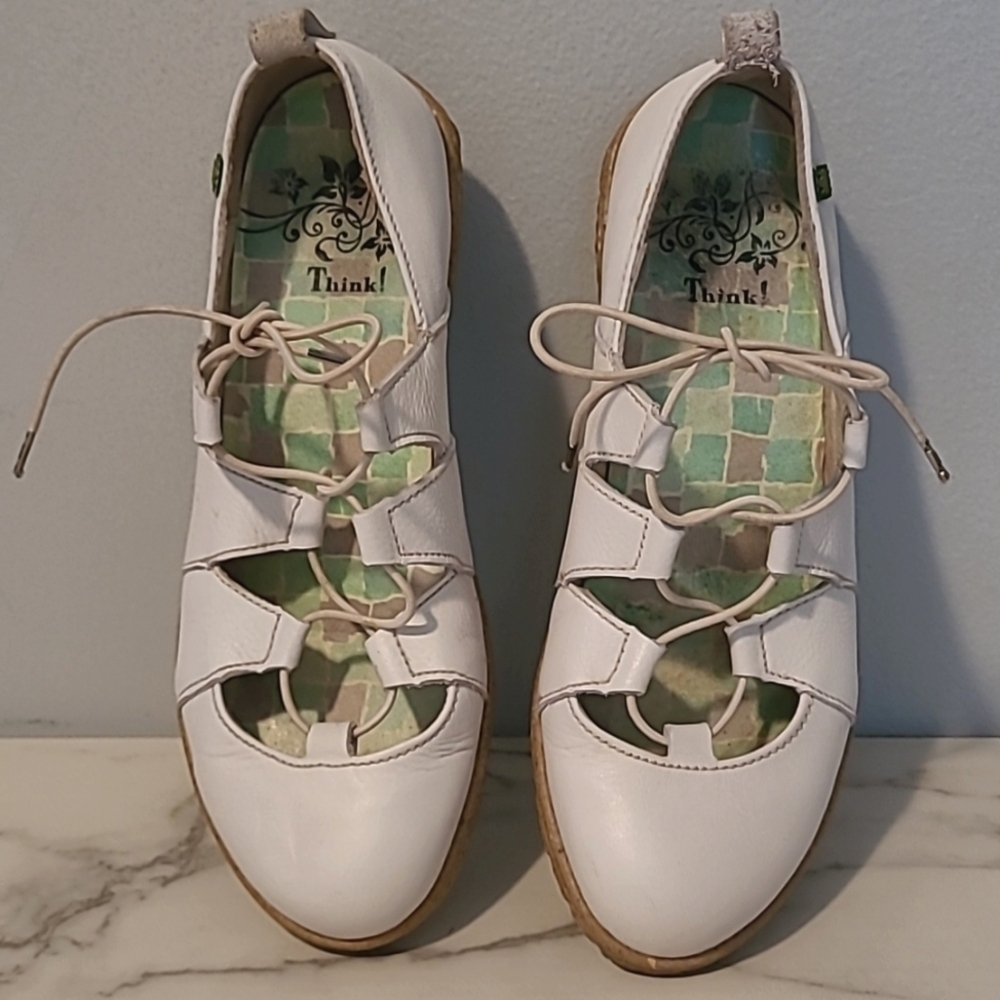 Think! Women's 8.5 White Leather Lace-up Casual Artsy Wedge Loafers Shoes Boho - Picture 10 of 16